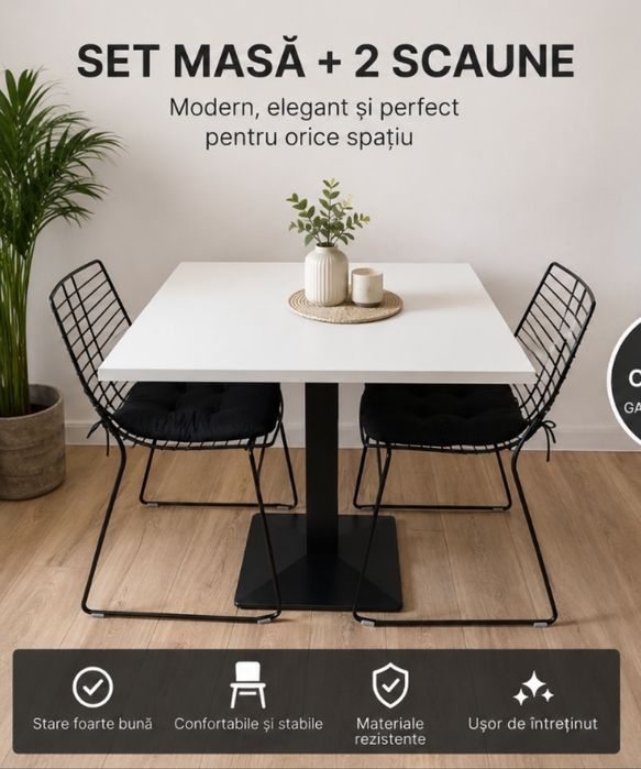 Set Masa si  2 scaune - design minimalist scandinav – metal negru, stil modern