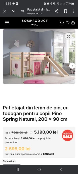 Pat etajat pentru copii cu tobogan din lemn de pin