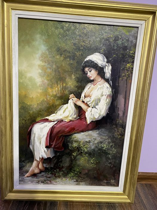 Tablou panza in ulei : fata care coase semnat