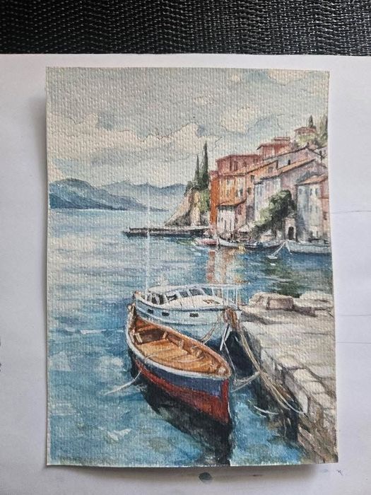 Tablou Acuarelă - Peisaj Mediteranean - Port Veneția/Coasta de Azur - Ramă Albă Modernă