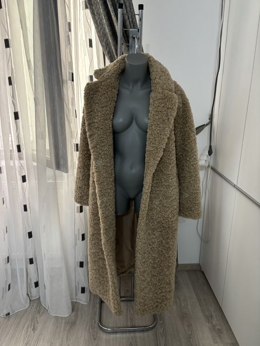 ZARA palton lung Teddy / faux shearling cu cordon – NOU cu etichetă – S