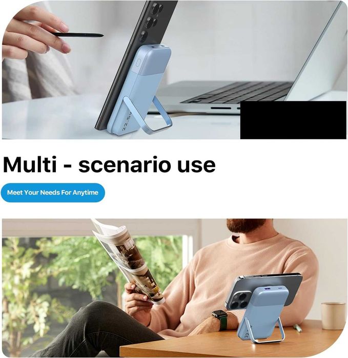 Магнитна външна батерия 10000mAh - MagSafe 22.5W със Стойка (Синя)