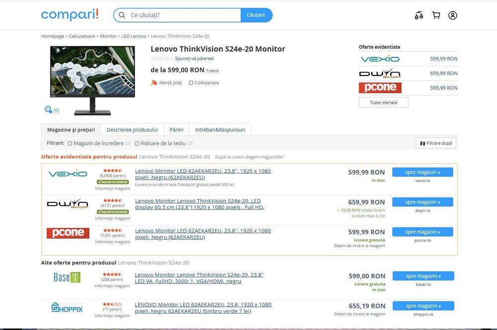 Monitor business LED Lenovo ThinkVision S24e-20, 23.8inch,-nou