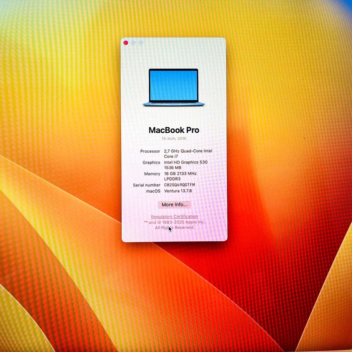 MacBook PRO 15' A1707 i7 256GB SSD 16GB RAM Touch Bar - [ VENTURA ]