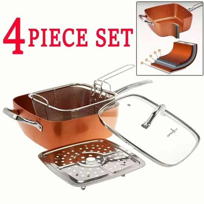 Нов дълбок меден тиган Copper Pan, Комплект 6 в 1, Незалепващо Cerami-Tech покритие, Индукционно дъно С лека драскотина
