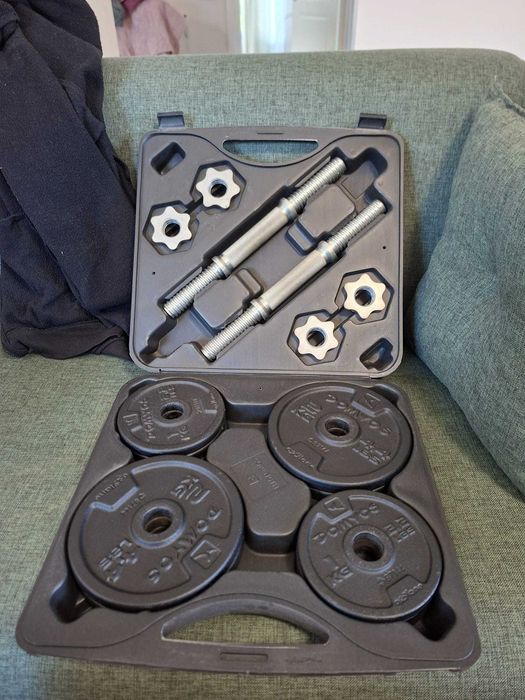 home gym complet - Decathlon : rack , banca , gantere , haltere , discuri (se vinde și pe bucăți)