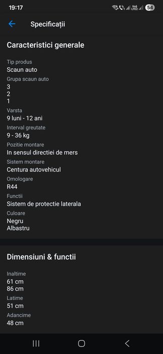 Vând scaun auto copii Britax Romer Evolva cu ISO fix