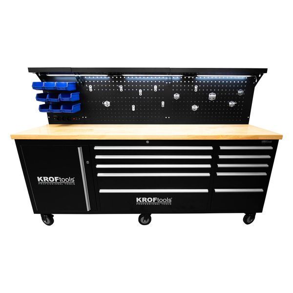 Професионална метална работна маса с 10 чекмеджета, плот от масивно дъ