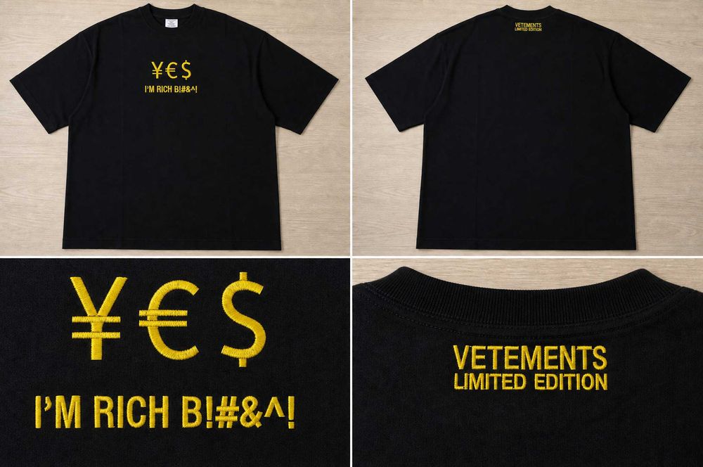 Мъжка тениска Vetements „¥€$ I'm Rich" Limited Edition — черна, oversized fit, жълта бродерия — S M L XL 2XL
