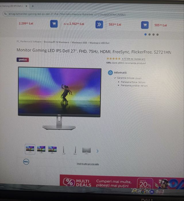 Monitor Gaming LED IPS Dell 27”, Full HD, 75Hz, FreeSync – S2721HN