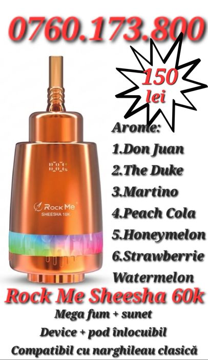 NOU! Mega Vape Rock Me 60k,sunet+fum+pod,COMPATIBIL cu NARGHILEAU