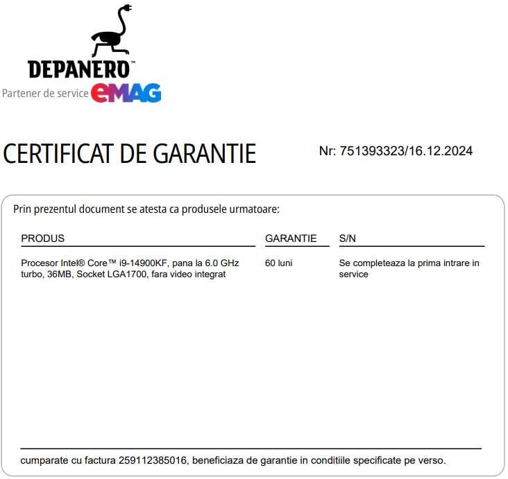 Procesor Intel Raptor Core i9 14900Kf 6GHz FOLOSIT GARANTIE 16.12.2029