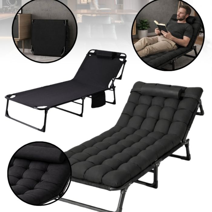 Сгъваемо къмпинг легло и градински шезлонг 2в1, с мек матрак и възглав