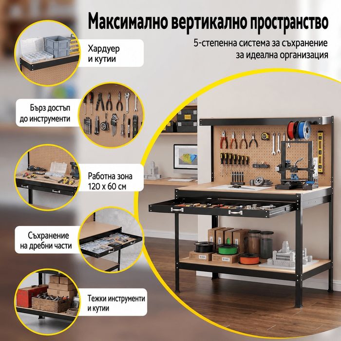 Работна маса за гараж и сервиз с чекмедже, табло и 20 куки