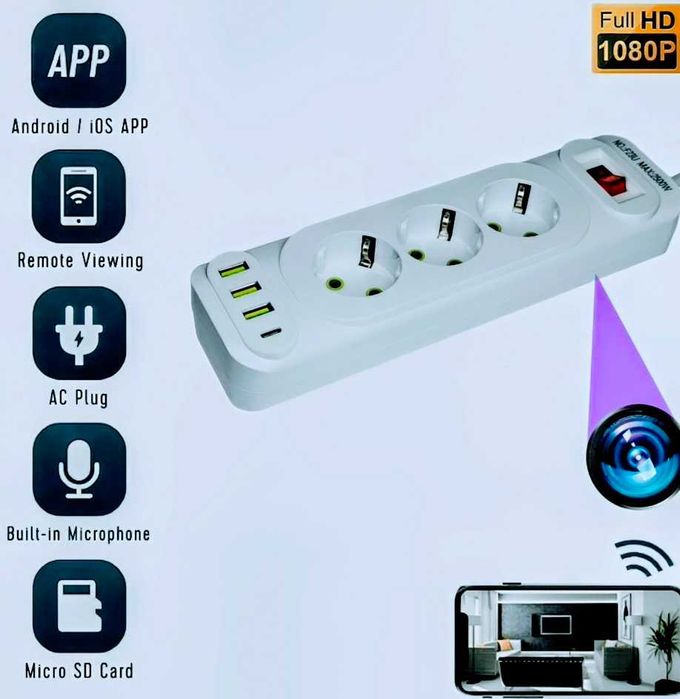 WiFi шпионска скрита камера в разклонител с кабел 3 гнезда 3 usb