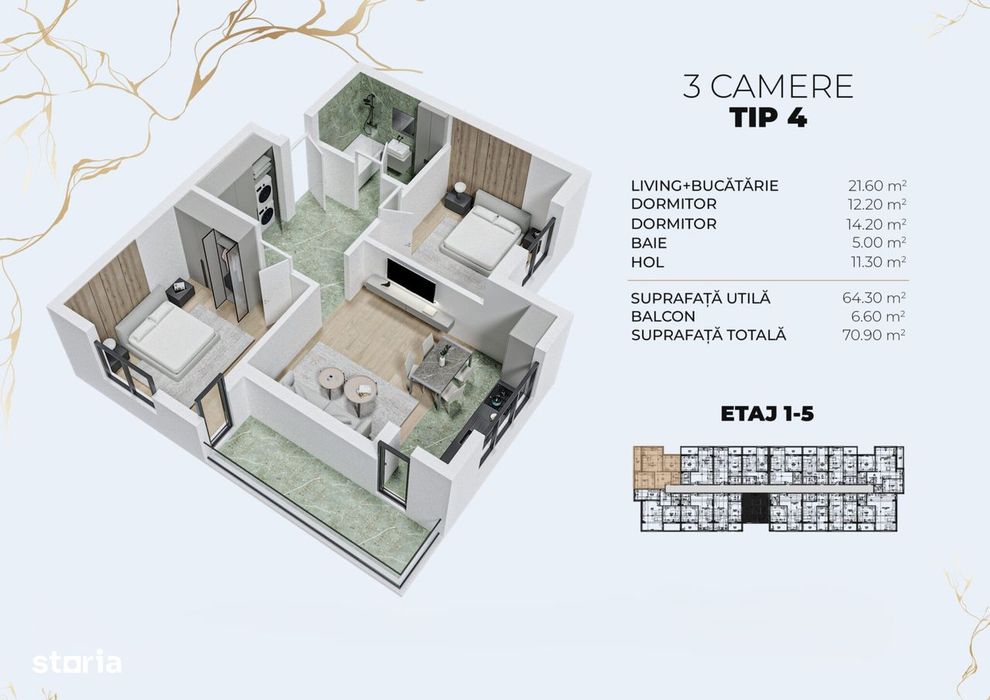 Apartament de vanzare 3 camere - Metrou aproape - ETAJ INTERMEDIAR — fotografia 1