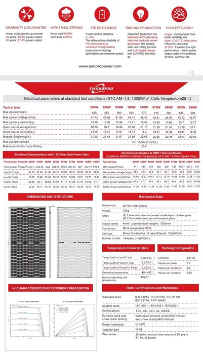 Panou Fotovoltaic Sunpro SPDG590-N144M10 590W N-type, Bifacial