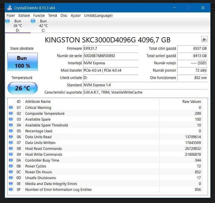 SSD 4TB KINGSTON KC3000 Gen4x4 7000MB/s M.2 NVME 80mm ca nou, garantie