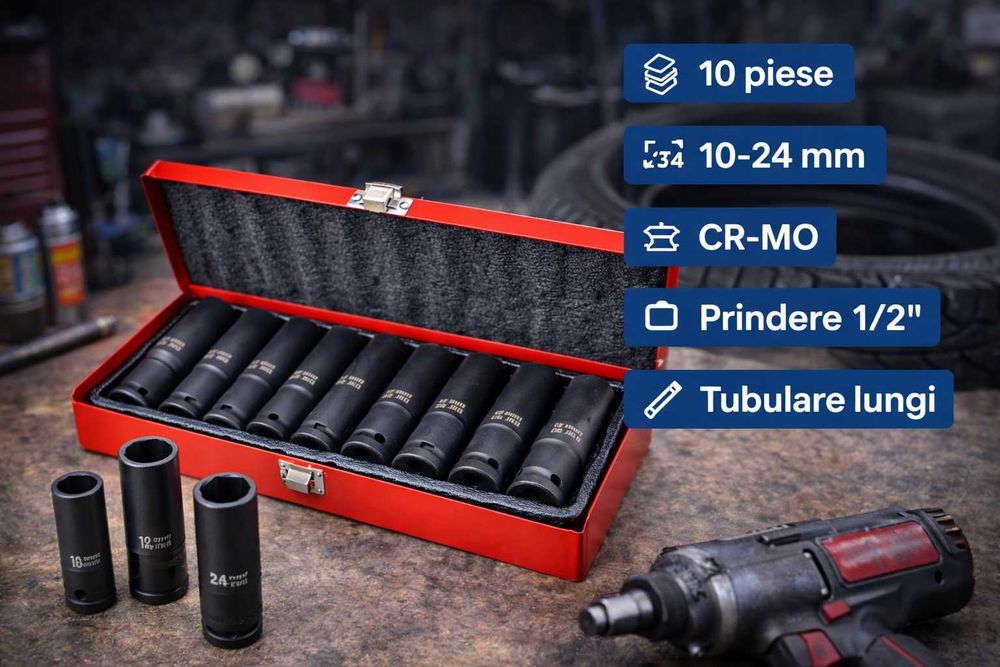 Set tubulare impact lungi 1/2 10-24 mm CR-MO 10 piese cutie metalica