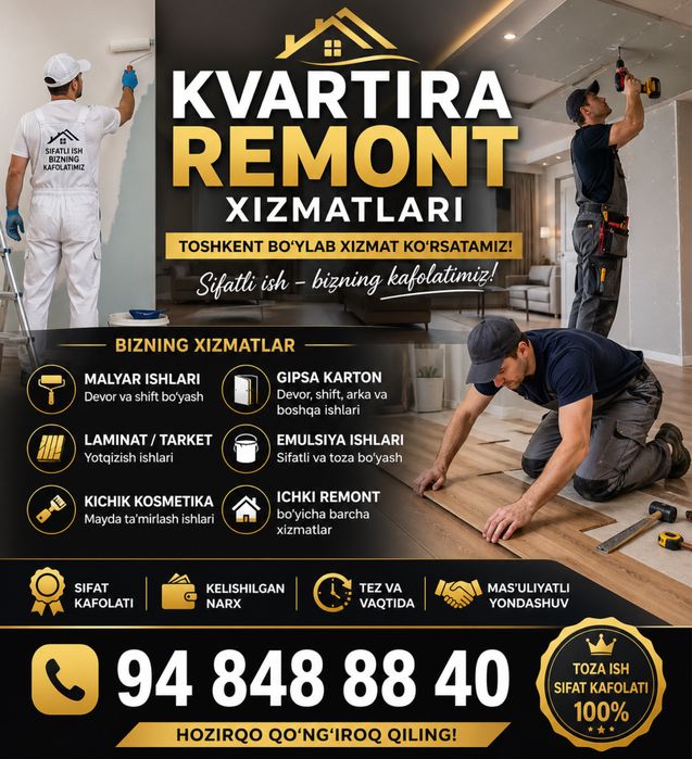 Kvartira remont xizmatlari | toshkent bo‘ylab