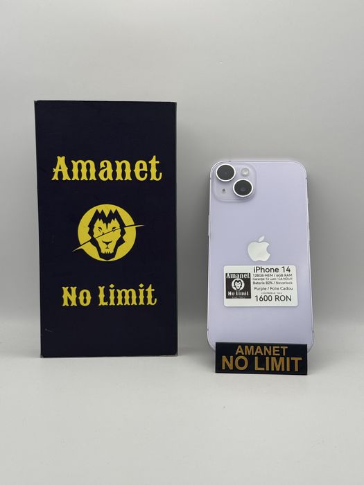 iPhone 14 Purple 128GB Baterie 82% Garantie 12 Luni , AMANET NO LIMIT.