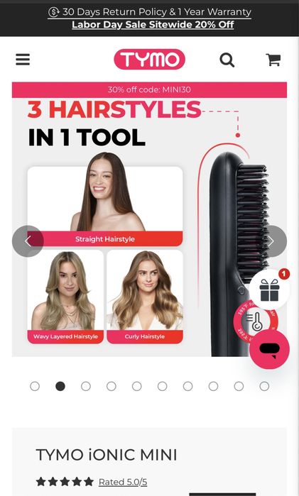 Perie indreptat parul,portabil, Tymo Ionic Mini, ionic,invelis ceramic