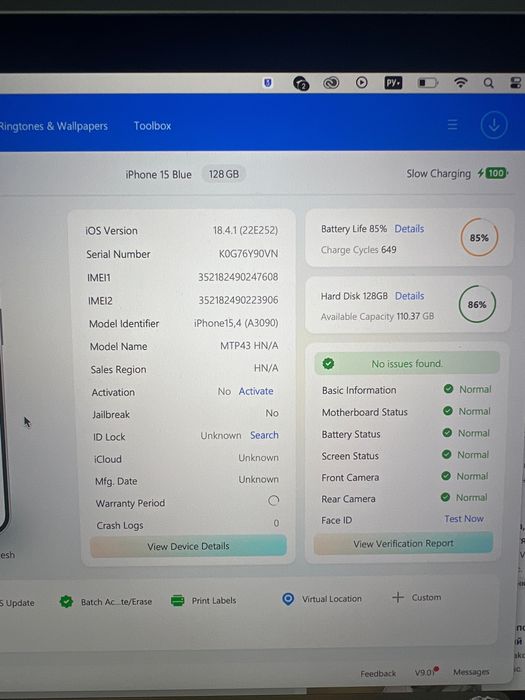 iPhone 15 blue 128 gb 85% акб заблокирован