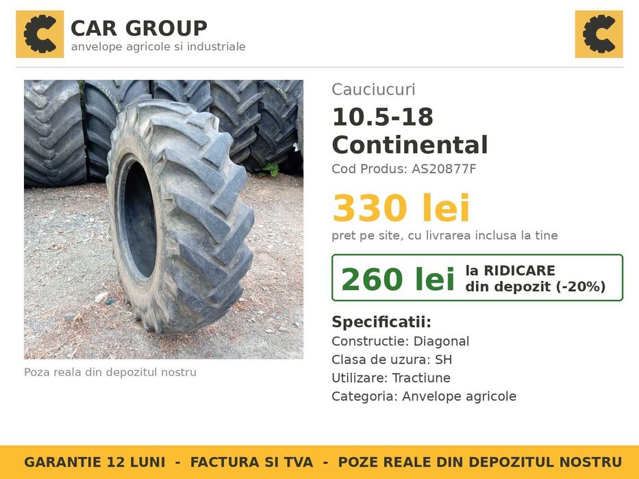 Cauciucuri 10.5-18 Continental Anvelope Tractor SH REDUS Garantie Factura John Deere Fendt Case IH