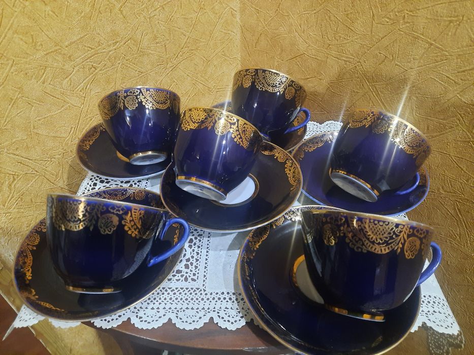 6 Чайных  пар "Золотой фриз"  по кобальту с цветами, ЛФЗ, 6 чашек и 6