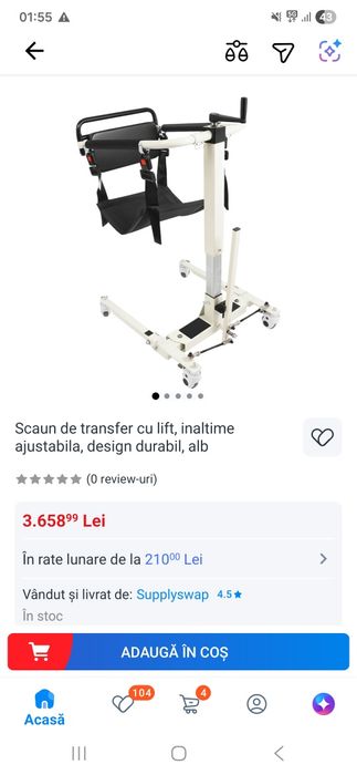 Scaun de transfer cu lift,înălțime ajustabila,design durabil,alb