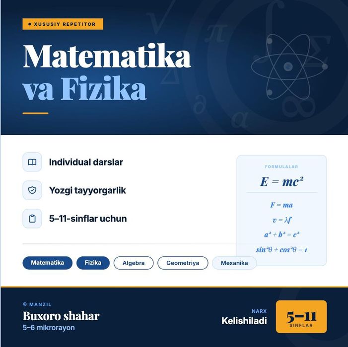 Yozgi repetitorlik | Matematika & Fizika | Individual darslar
