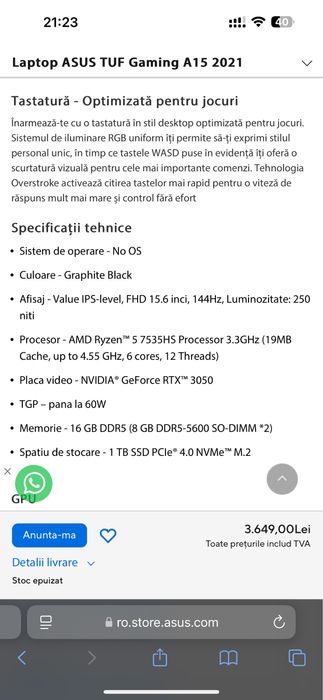 Vand laptop ASUS de gaming ca nou! (Folosit doar 2 ore)