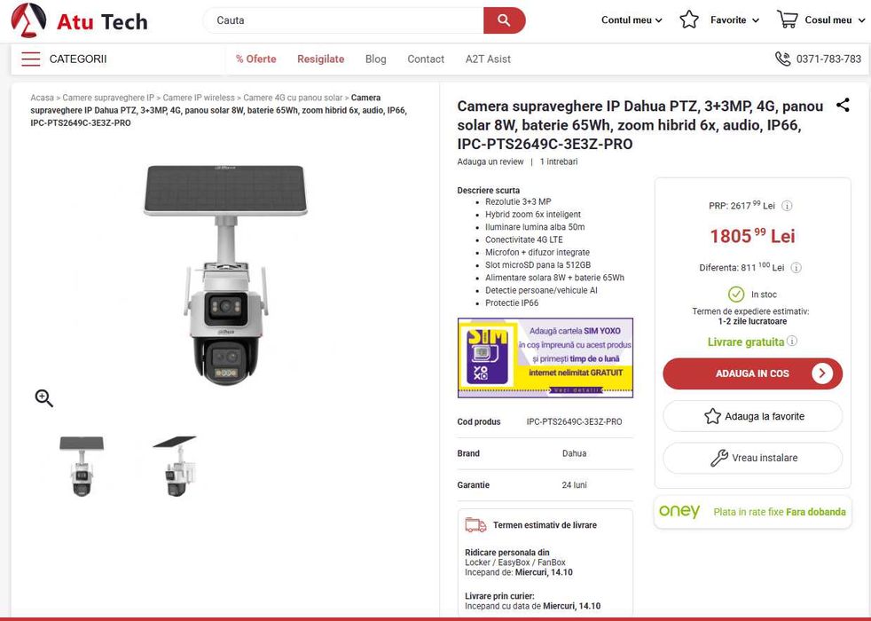 Camera supraveghere IP Dahua PTZ, 3+3MP, 4G, panou solar 8W, 65Wh, 6x, PTS2649C-PRO, SIGILAT !!