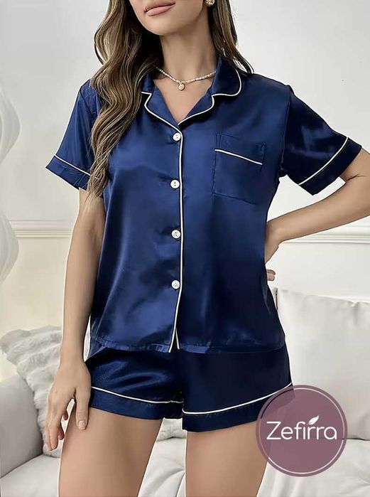 Дамскa сатенена пижамка с къс ръкав Zefirra Dark Blue Marine
