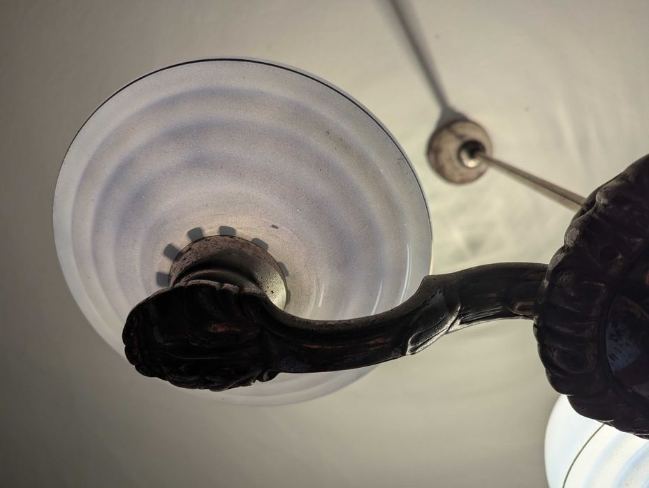 Candelabru Art Deco original,bronz,abajururi sticlă opalină interbelic