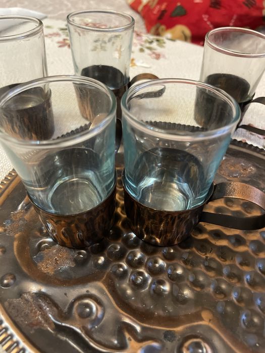 Set de 6 pahare din sticla si cupru