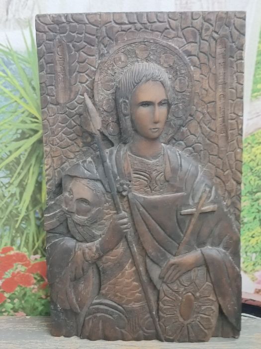 Icoană sculptată în lemn 22x44 cm și 4 kg
