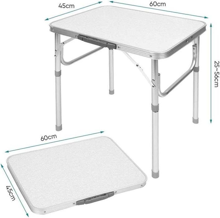 Masa pliabila, 60x45x56 cm, aluminiu, usoara, alb si argintiu