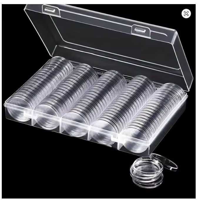 100 capsule din plastic pentru protejarea monedelor. 25, 27 și 30 mm.