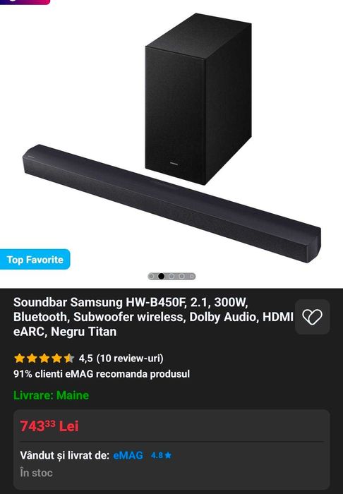 Soundbar Samsung HW-B450F, 2.1, 300W - SIGILAT