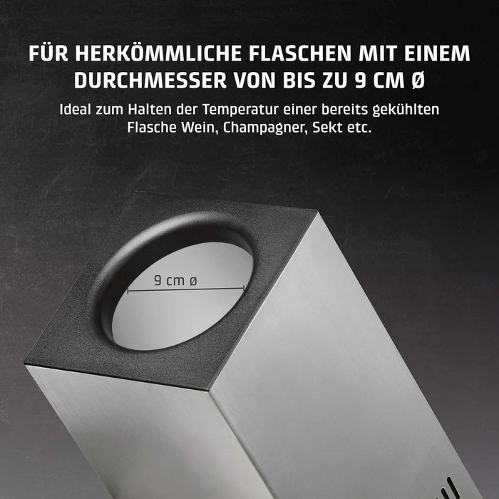Охладител за вино CASO WineCase One Inox Design за една бутилка, температурен диапазон от 5-18°C, за бутилки с диаметър до 9 см, сензорно управление