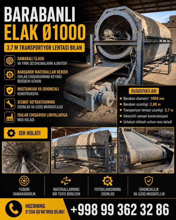 Ø1000 barabanli elak (uzunligi 2,85 m) va 3,7 m transportyor lentasi