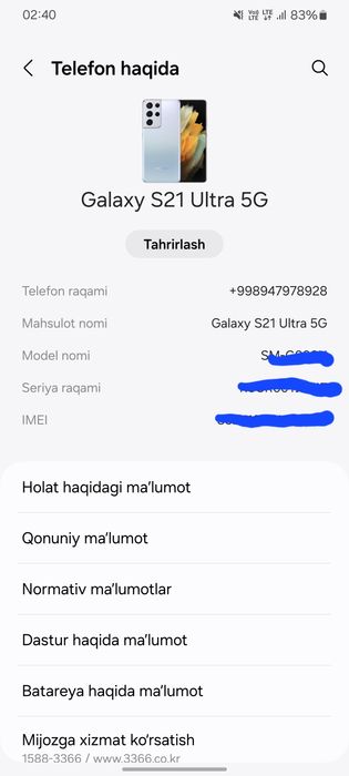 Samsung S21 Ultira 1 oy kafolati bilan
