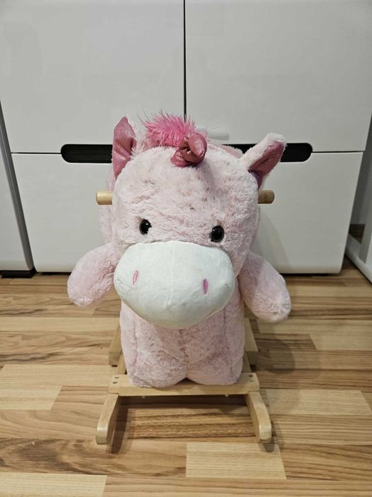 Balansoar unicorn roz cu spatar, din plus si lemn, pentru copii