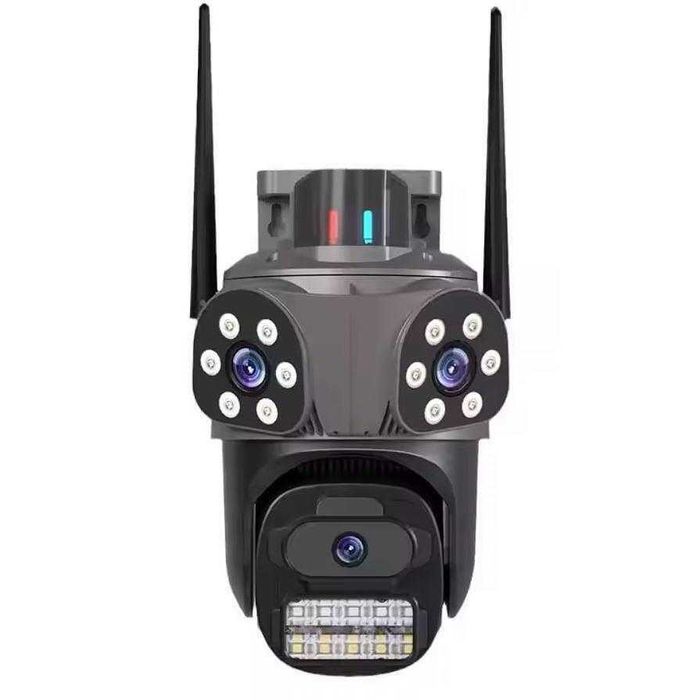 12MP Тройна външна въртяща WiFi AI камера с три обектива, ICSee, Черна