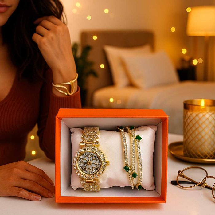 Елегантен часовник с две гривни в подаръчна кутия