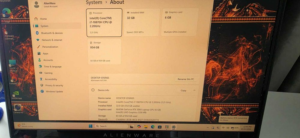 Laptop Alienware i7, 32gb ram, rtx3060, raid ssd 1tera