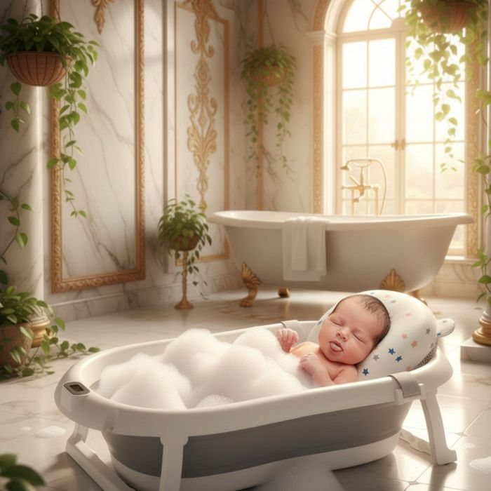 Сгъваема бебешка вана с термометър и възглавница.