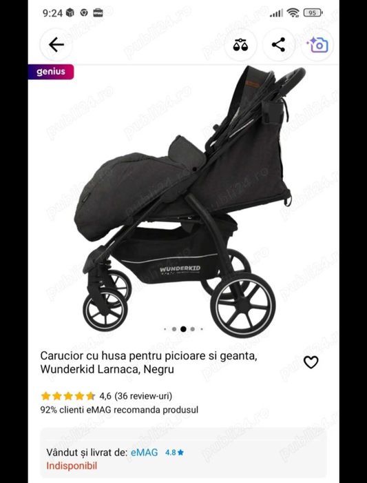 Cărucior Wunderkid Larcana negru cu husă pt picioare și geantă cadou