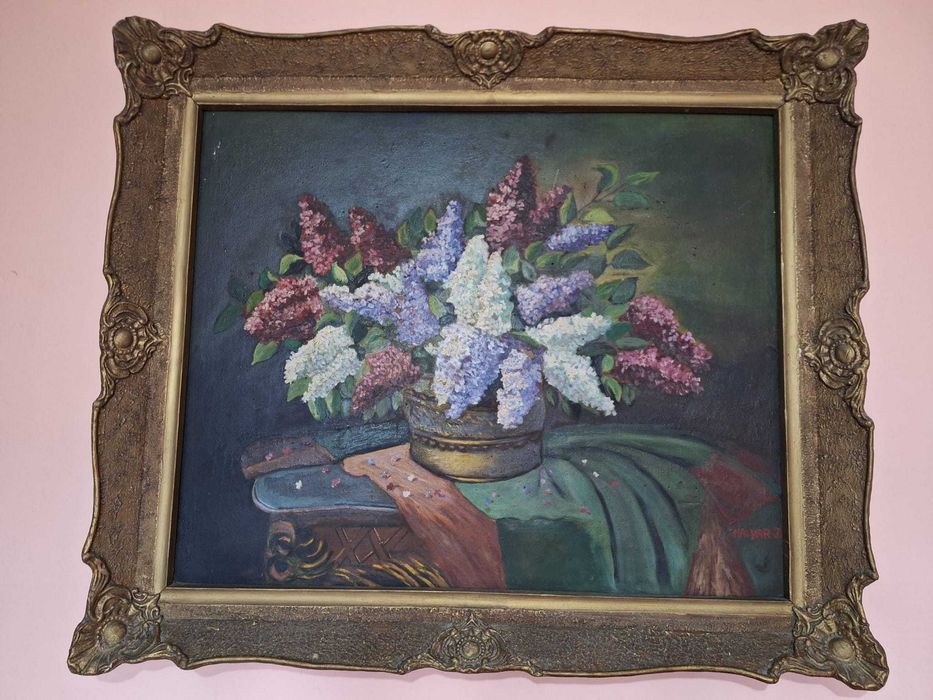 Tablou Impresionant „Liliac în Vază” - Semnat Magyar J. - Ramă Baroc